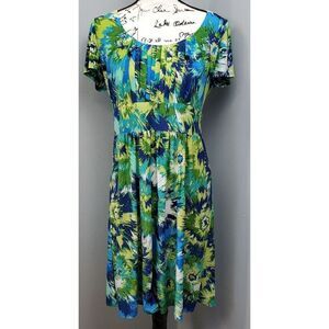 AA Studio AA Mini Dress Women's 10 Green Blue‎ Floral Stretch Round Neck Pleated
